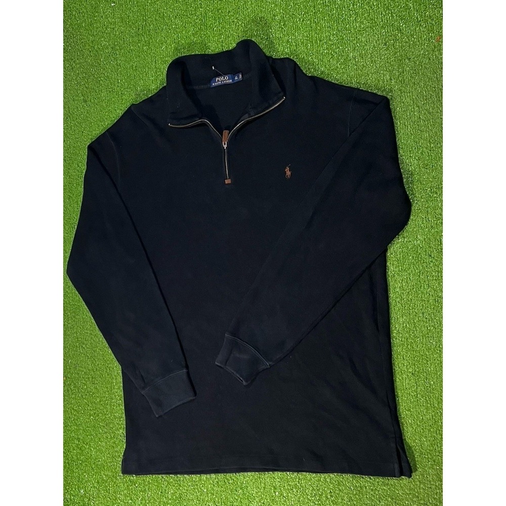 Polo Ralph Lauren 1/4 Zip LGT Blk Ribbed Pullover Preppy Brown Pony Heavy Cotton